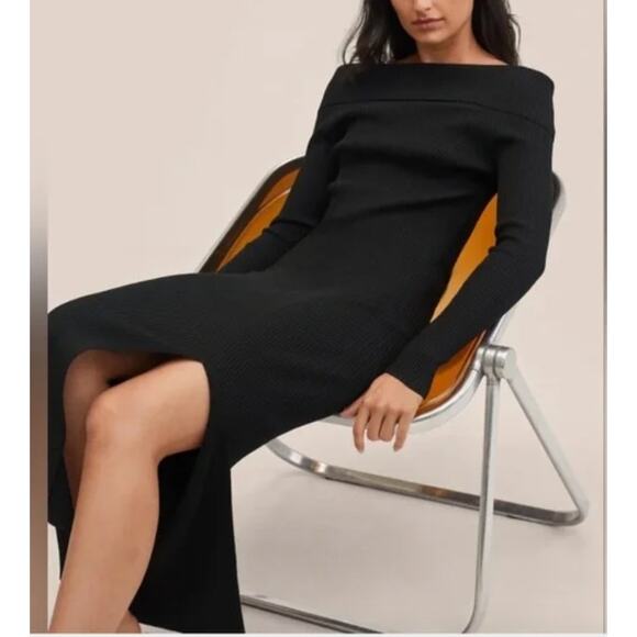 New MNG MANGO Black Off Shoulder Long Sleeve Ribbed Sweater Dress S - Picture 3 of 16